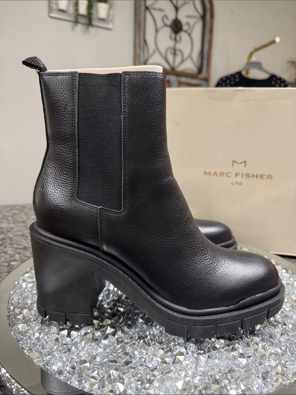 Marc Fisher Black Chunky Leather Chelsea Platform Boot NEW 8
